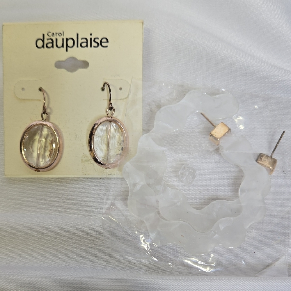 Earring set, 2 Pairs, Rose Gold and Clear Drop/Dangle + Clear/White Hoop, New